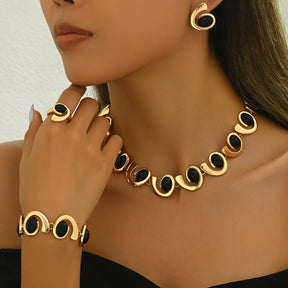 Conjunto de Joyería Negra y Oro Geométrico Bañado en Oro de 18k